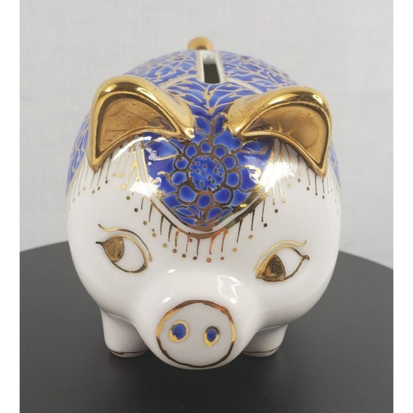 Vintage Ceramic Hand Painted Blue Gold Piggy Bank Marked JM Made In Thailand EUC - Picture 2 of 16